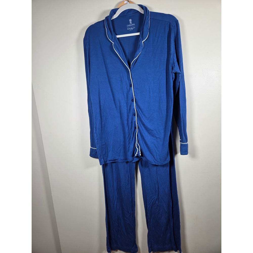 Cariloha Pajama Set Womens L Blue Bamboo Viscose Button Up Sleepwear Loungewear